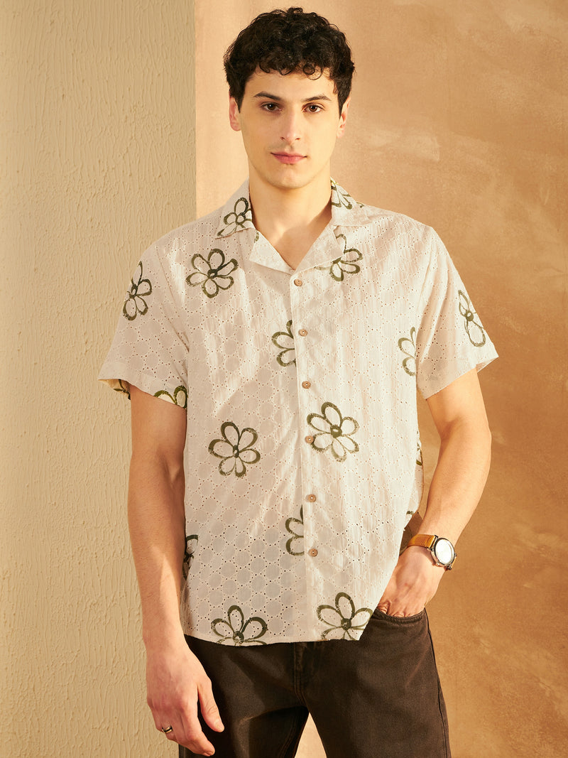 Cream & Green: Self Design Schiffli Casual Shirt