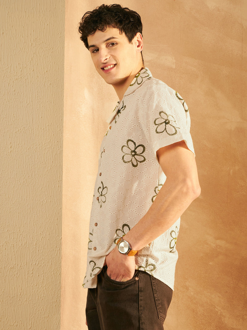 Cream & Green: Self Design Schiffli Casual Shirt