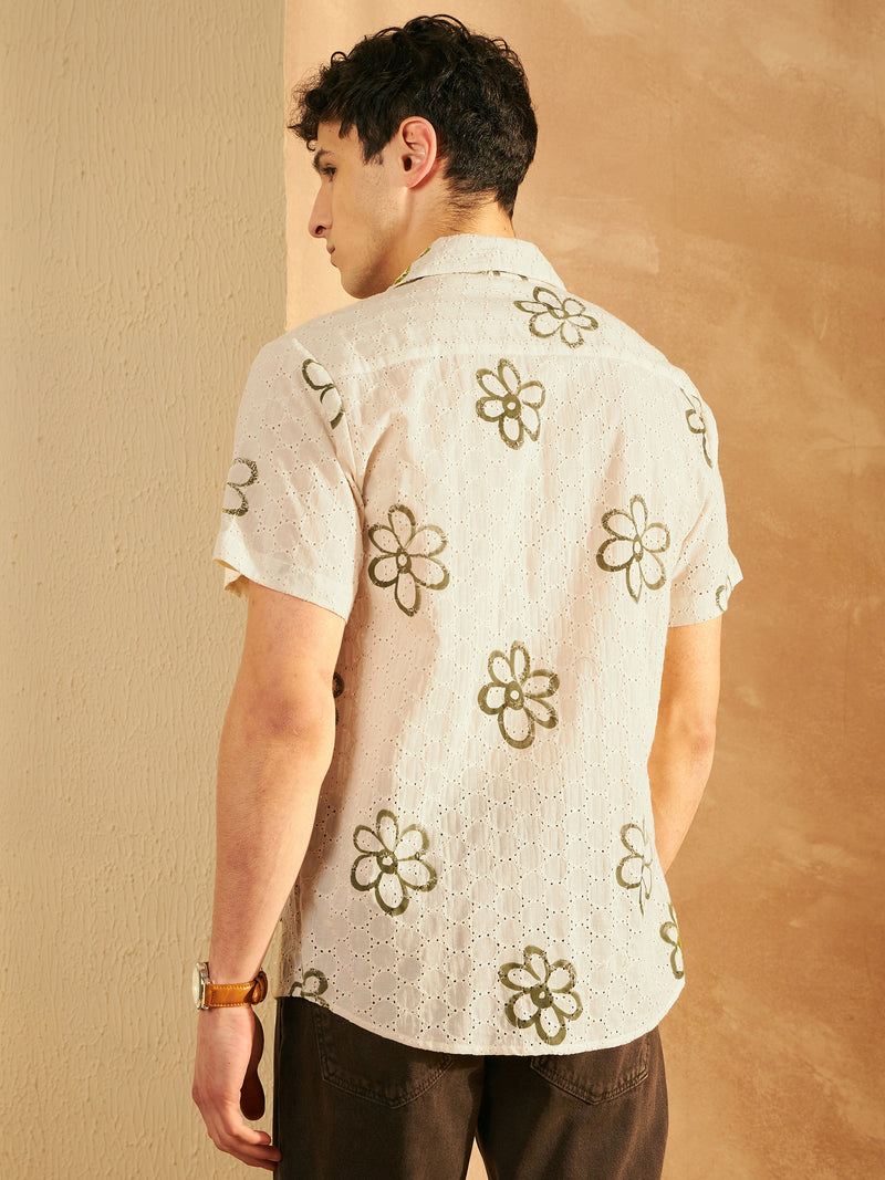 Cream & Green: Self Design Schiffli Casual Shirt