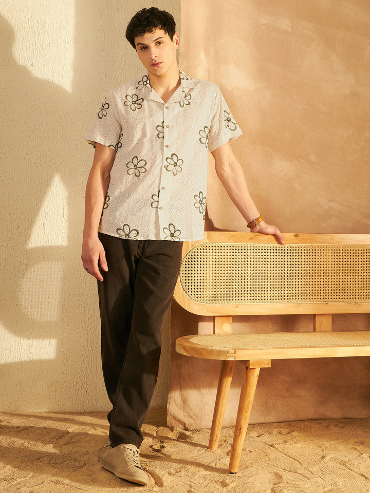 DENNISON Cream & Green Color Self Design Schiffli Casual Shirt