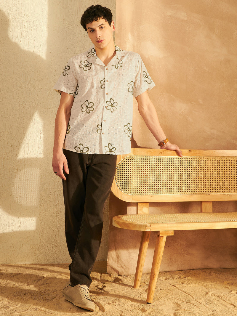 Cream & Green: Self Design Schiffli Casual Shirt