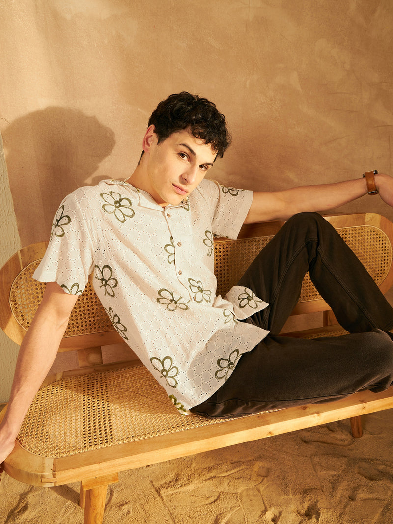 Cream & Green: Self Design Schiffli Casual Shirt