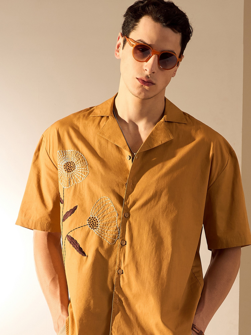 Mustard: Half Sleeves Embroidery Oversized Shirt