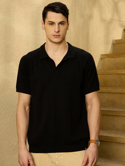 Black: Relaxed Raglan Sleeves Knitted T-Shirt
