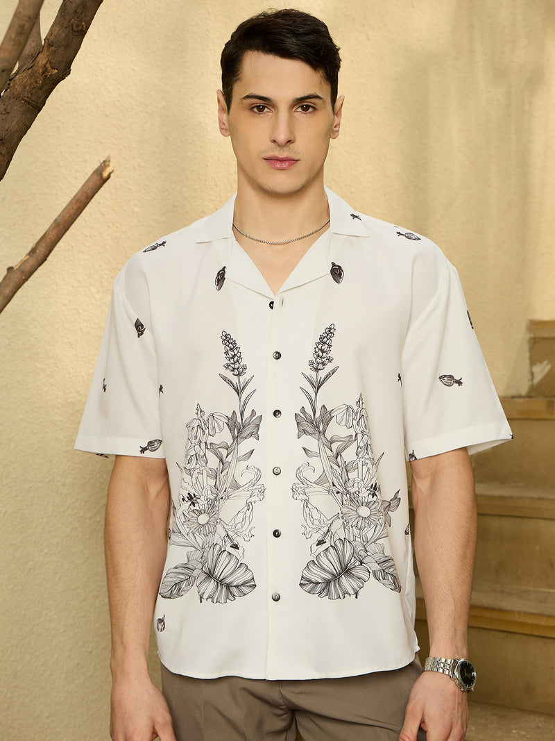 Off White & Black: Half Sleeves Placement Print Shirt