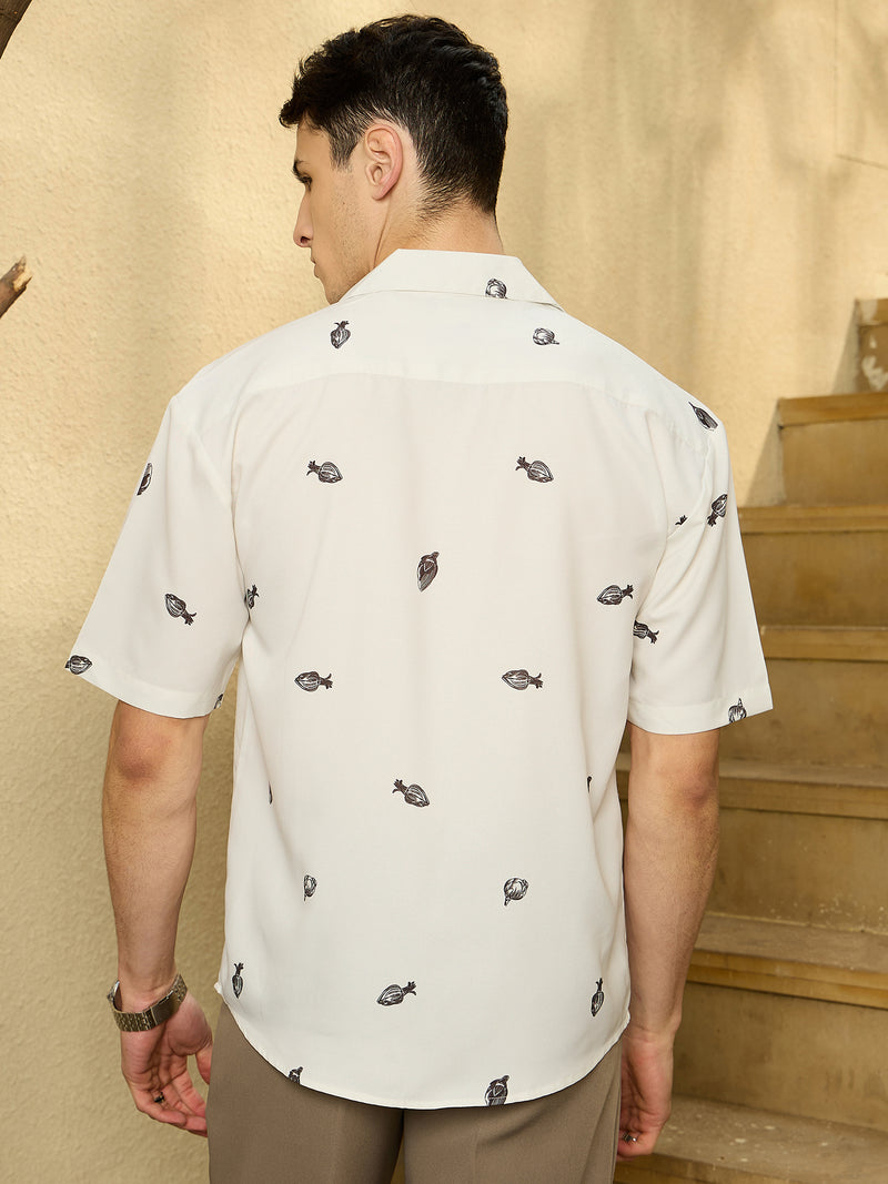 Off White & Black: Half Sleeves Placement Print Shirt