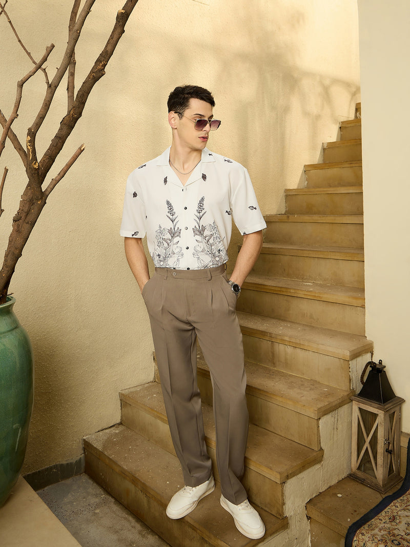 Off White & Black: Half Sleeves Placement Print Shirt