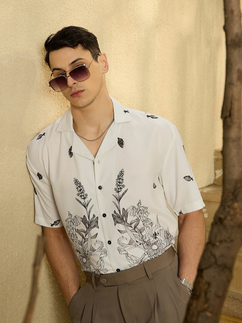 Off White & Black: Half Sleeves Placement Print Shirt