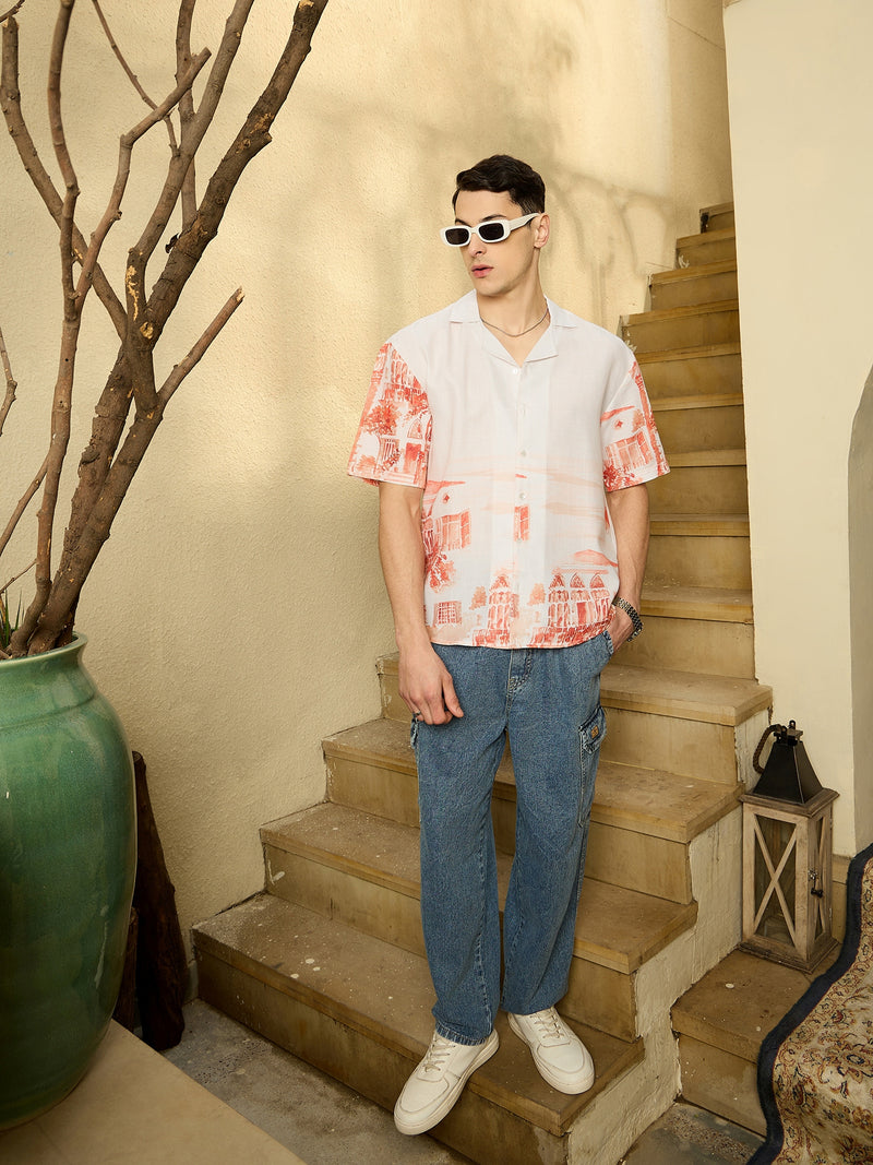 White & Orange: Half Sleeves Placement print Shirt