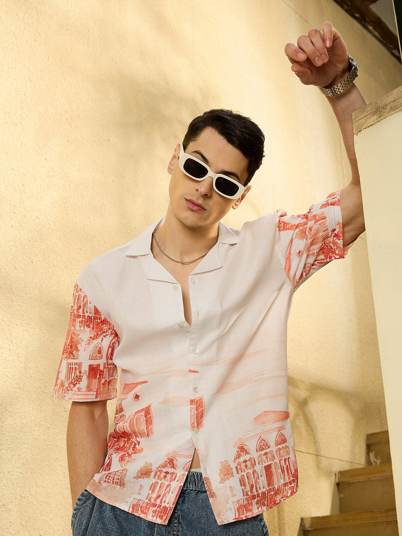 White & Orange: Half Sleeves Placement print Shirt