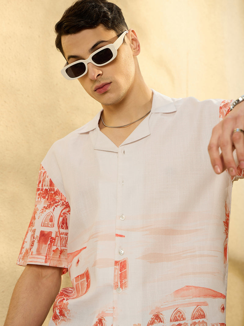 White & Orange: Half Sleeves Placement print Shirt