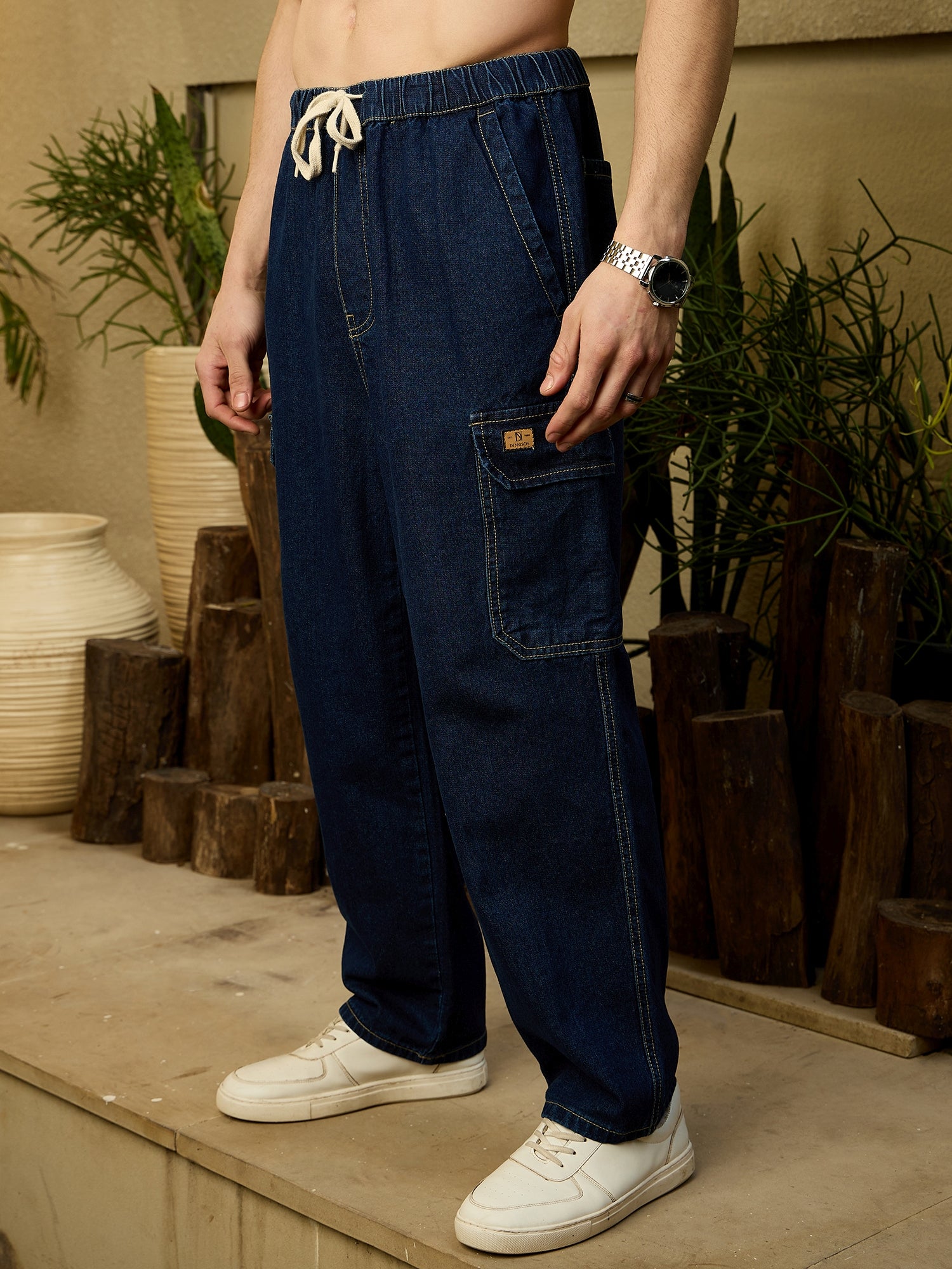 Dark Blue: Korean Baggy Cargo Jeans - Main Image