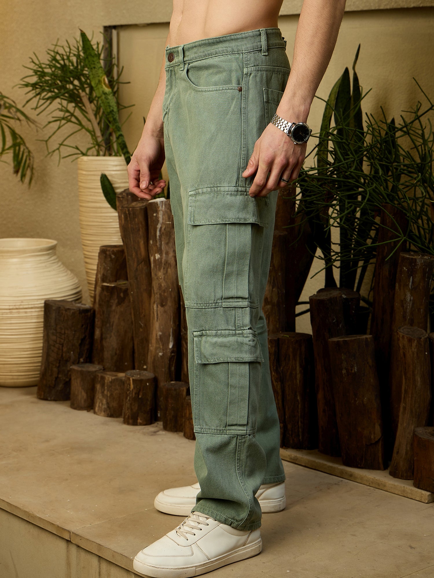 Mint Green: Korean Baggy Cargo Jeans - Main Image