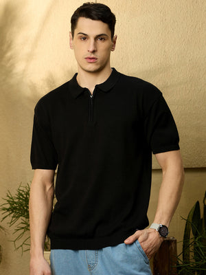 Black: Relaxed Zipped Polo T-Shirt