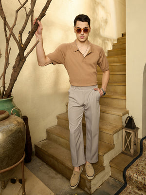 Beige: Relaxed Raglan Sleeves Knitted Polo T-Shirt