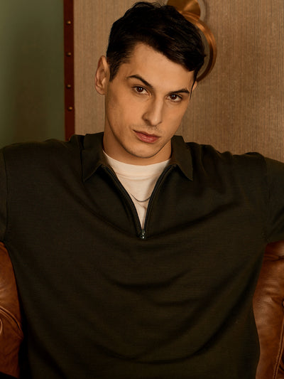 Olive: Relaxed Zipped Polo T-Shirt