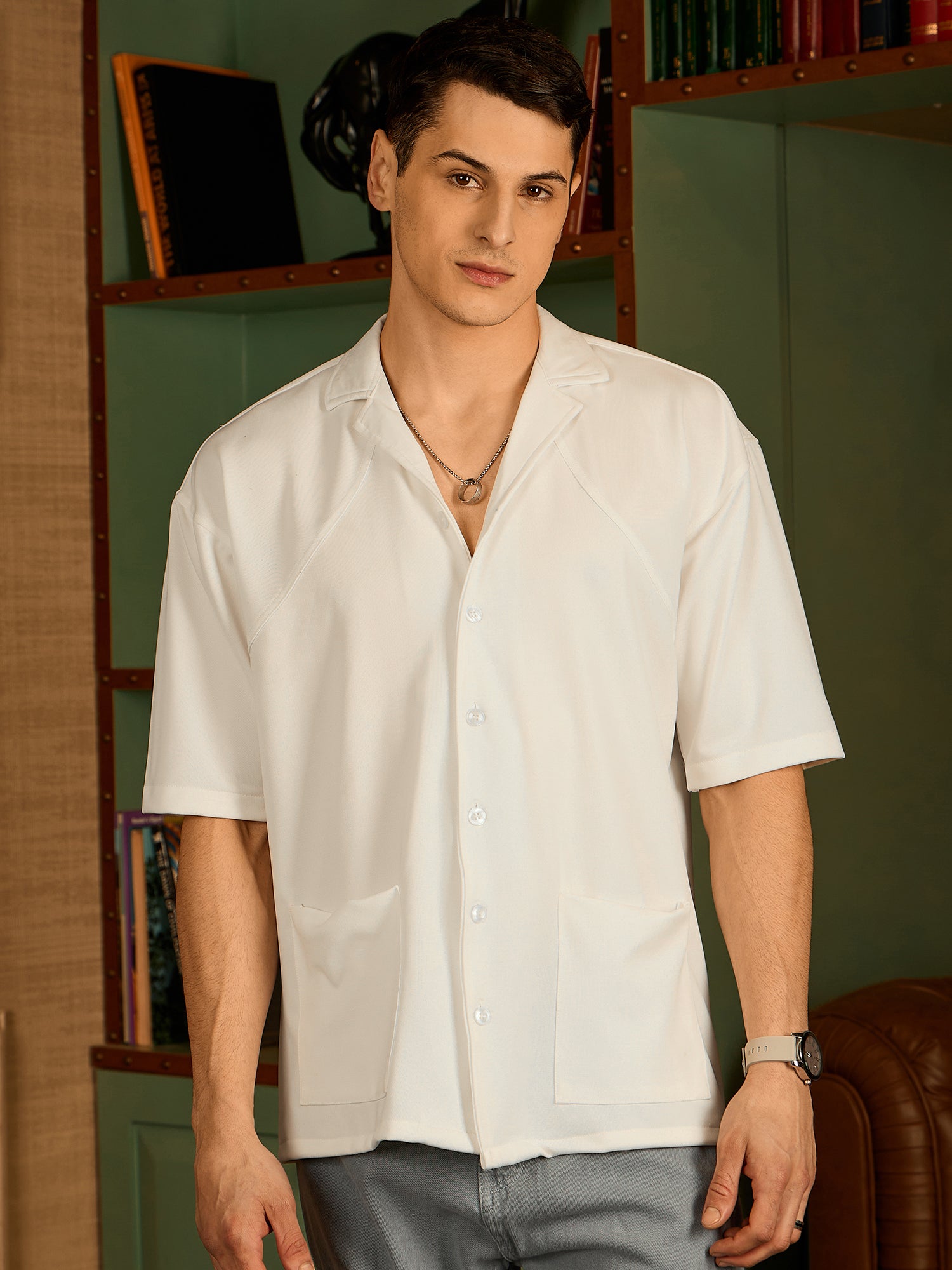 White: Resort Wear Casual Oversized Shirt - Main Image