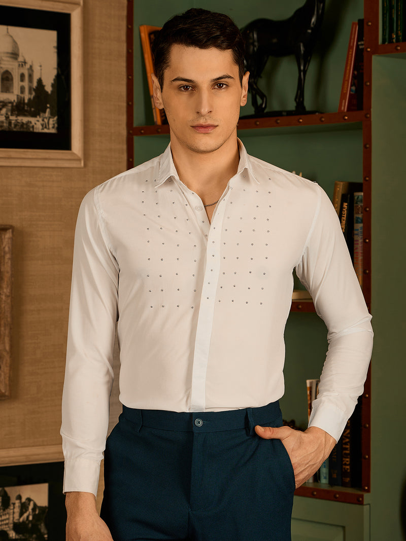 White: Long Sleeves Embellished Party Wear Shirt