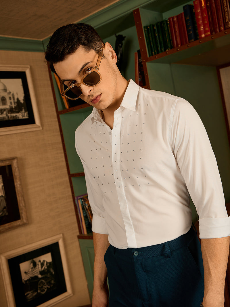 White: Long Sleeves Embellished Party Wear Shirt