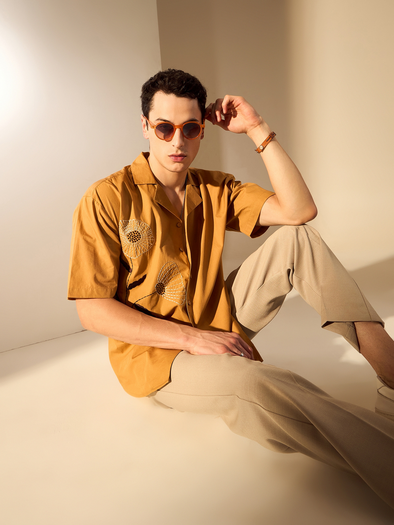 Mustard: Half Sleeves Embroidery Oversized Shirt