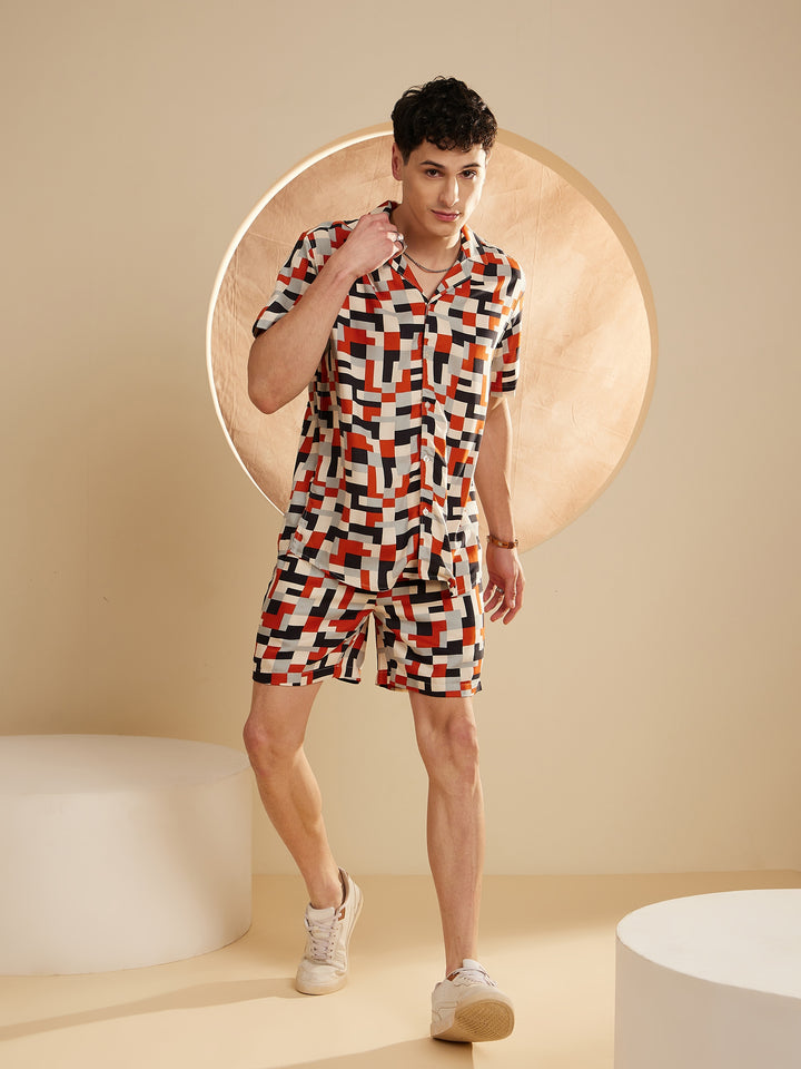 DENNISON Men Cream & Orange Comfort Fit Coord Set | Printed Shirt With Shorts