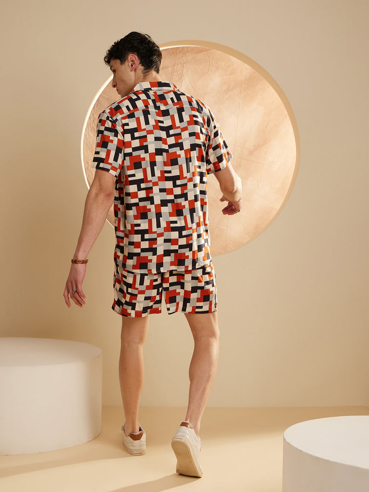 DENNISON Men Cream & Orange Comfort Fit Coord Set | Printed Shirt With Shorts