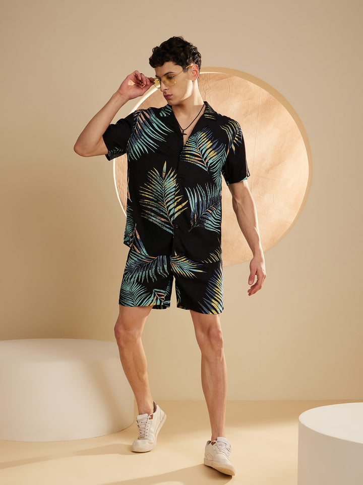 DENNISON Men Black & Blue Comfort Fit Coord Set | Printed Shirt With Shorts