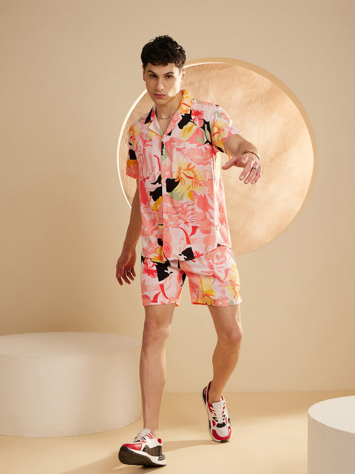 DENNISON Men Peach Comfort Fit Coord Set | Printed Shirt With Shorts