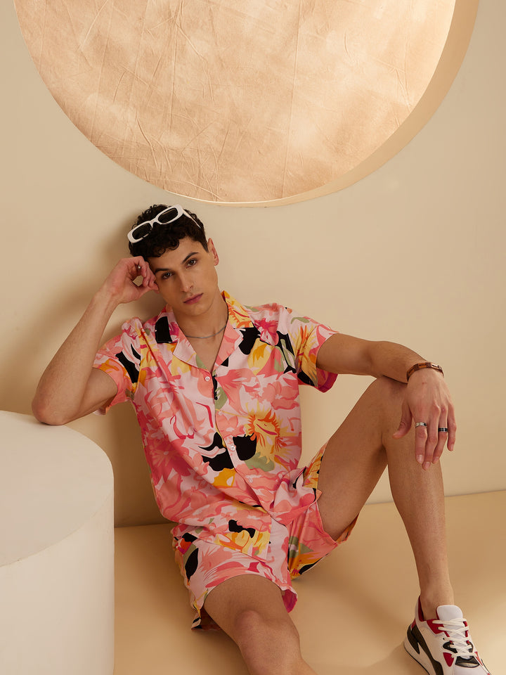 DENNISON Men Peach Comfort Fit Coord Set | Printed Shirt With Shorts