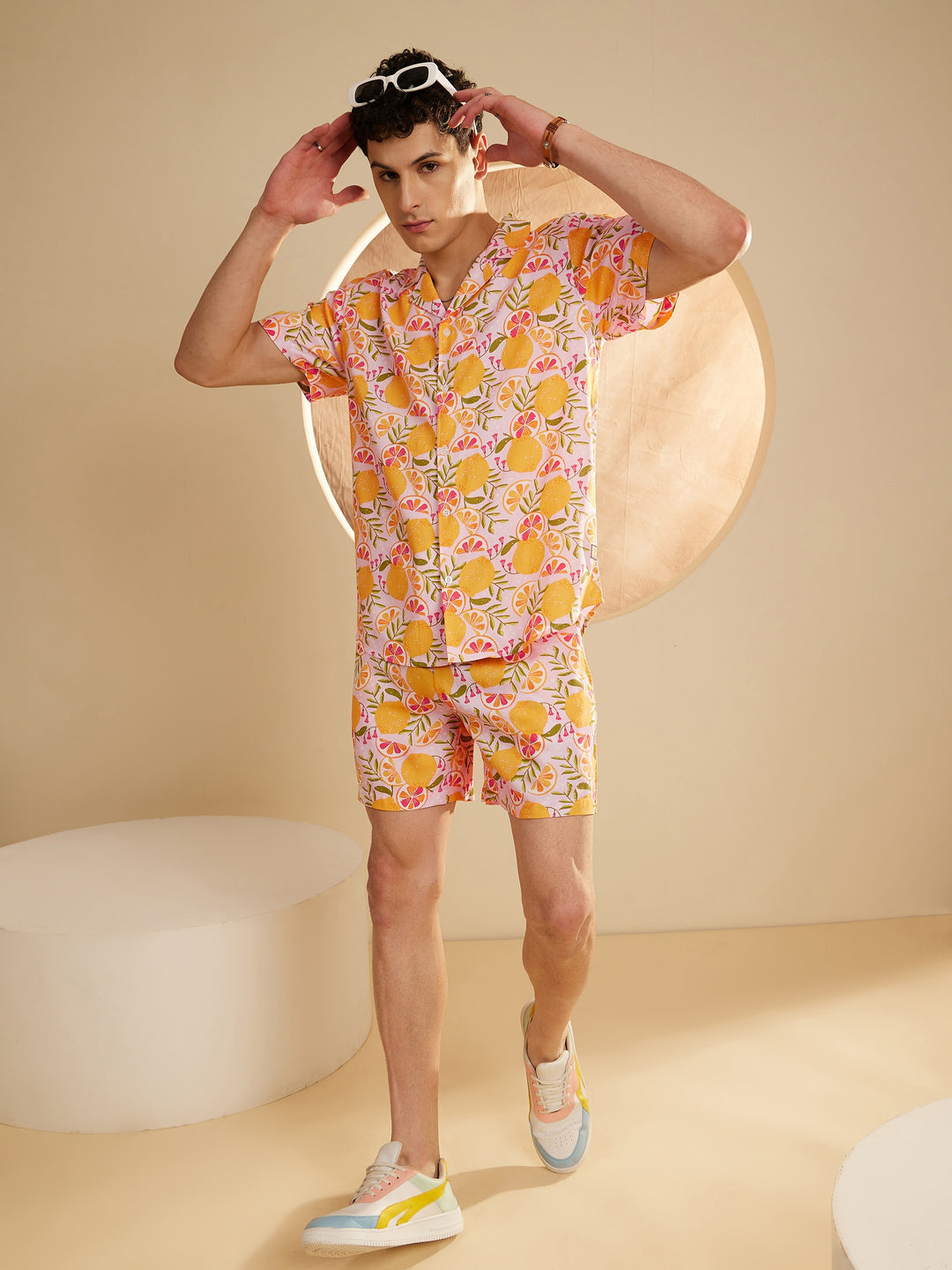 DENNISON Men Yellow Comfort Fit Coord Set | Printed Shirt With Shorts