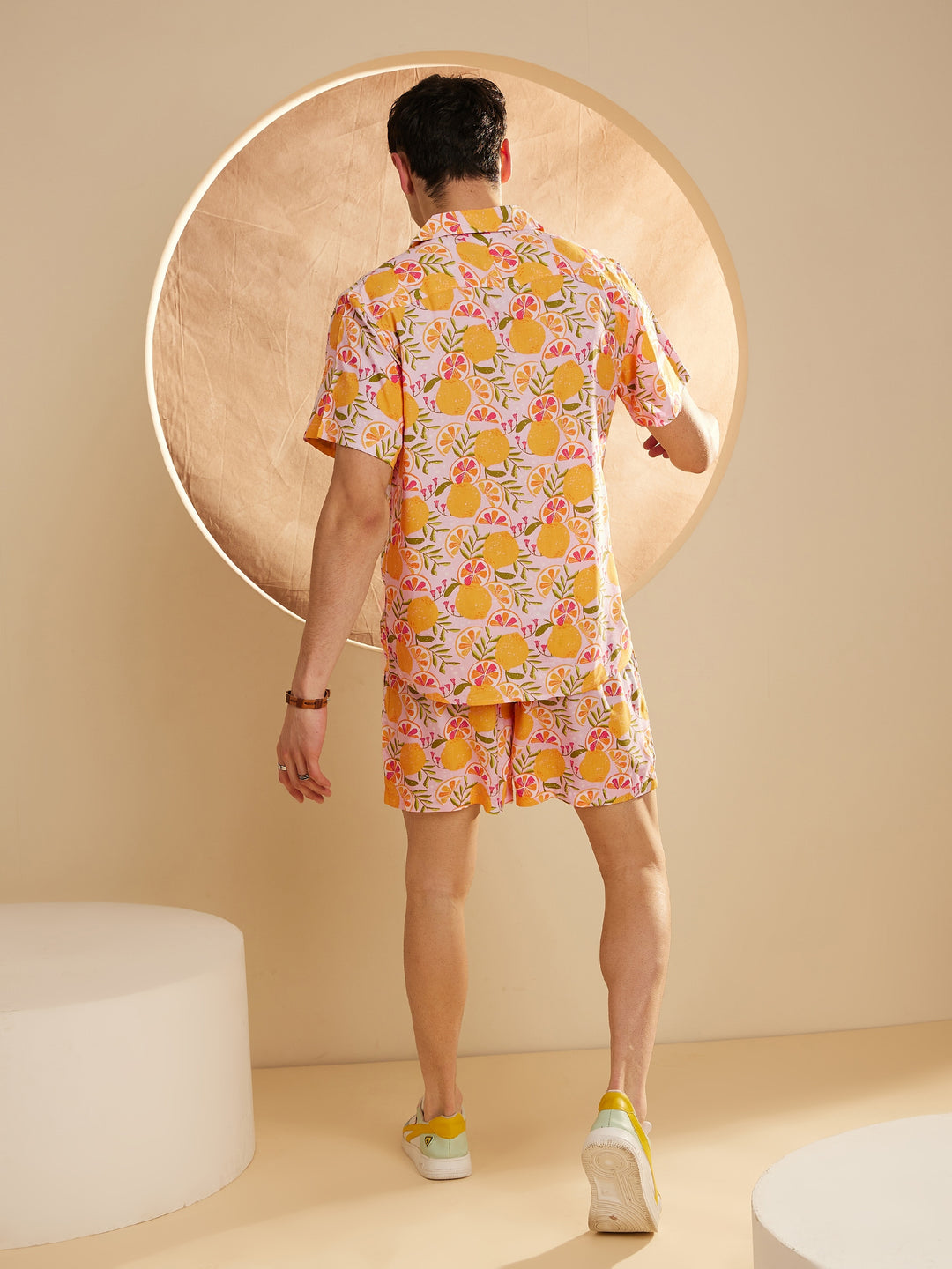 DENNISON Men Yellow Comfort Fit Coord Set | Printed Shirt With Shorts