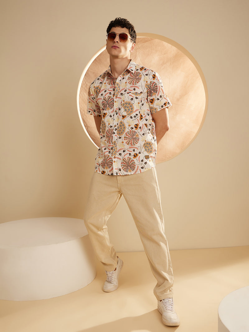 Cream: Half Sleeves Block Printed Shirt