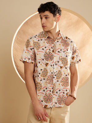 Cream: Half Sleeves Block Printed Shirt