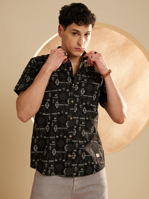 Black: Half Sleeves Geometric Printed Shirt