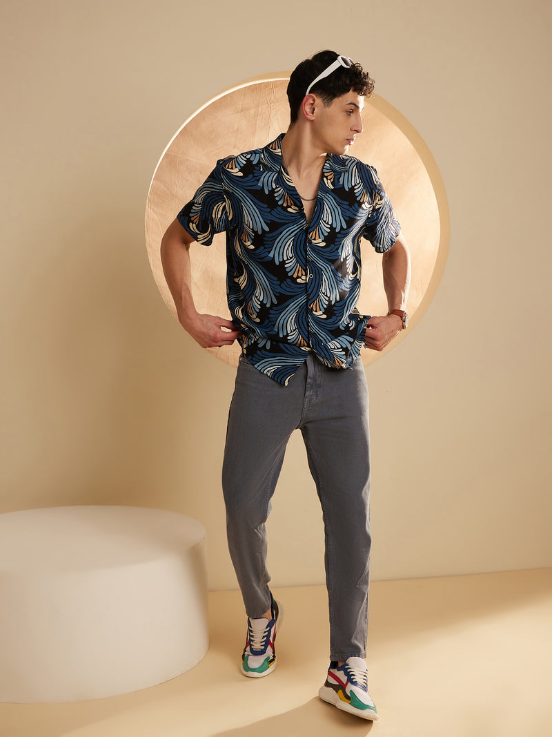 Black & Teal Blue: Half Sleeves Floral Printed Shirt