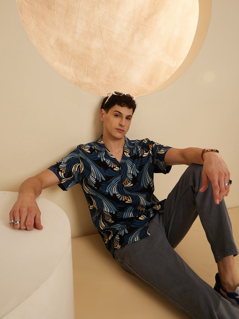 Black & Teal Blue: Half Sleeves Floral Printed Shirt