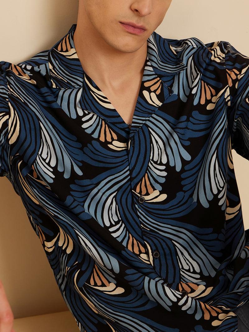 Black & Teal Blue: Half Sleeves Floral Printed Shirt