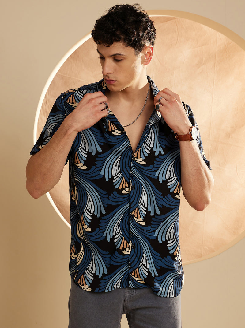 Black & Teal Blue: Half Sleeves Floral Printed Shirt