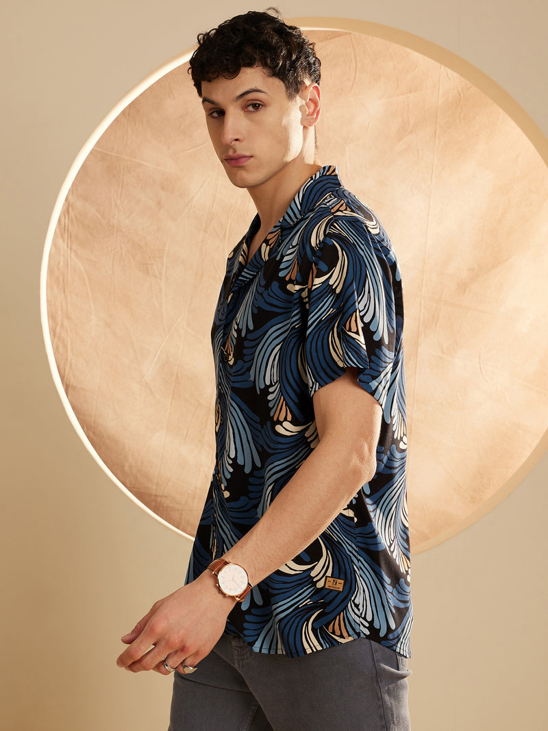 Black & Teal Blue: Half Sleeves Floral Printed Shirt