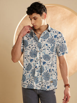White & Blue: Half Sleeves Floral Block Printed Shirt