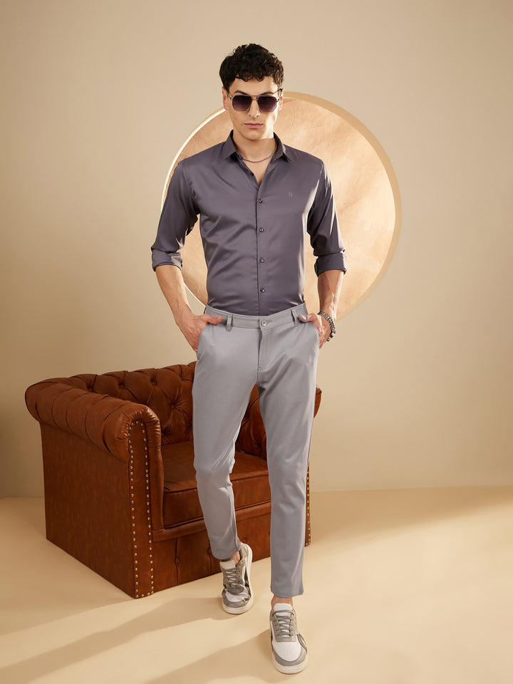 DENNISON Men Light Grey 4-Way Lycra Trouser