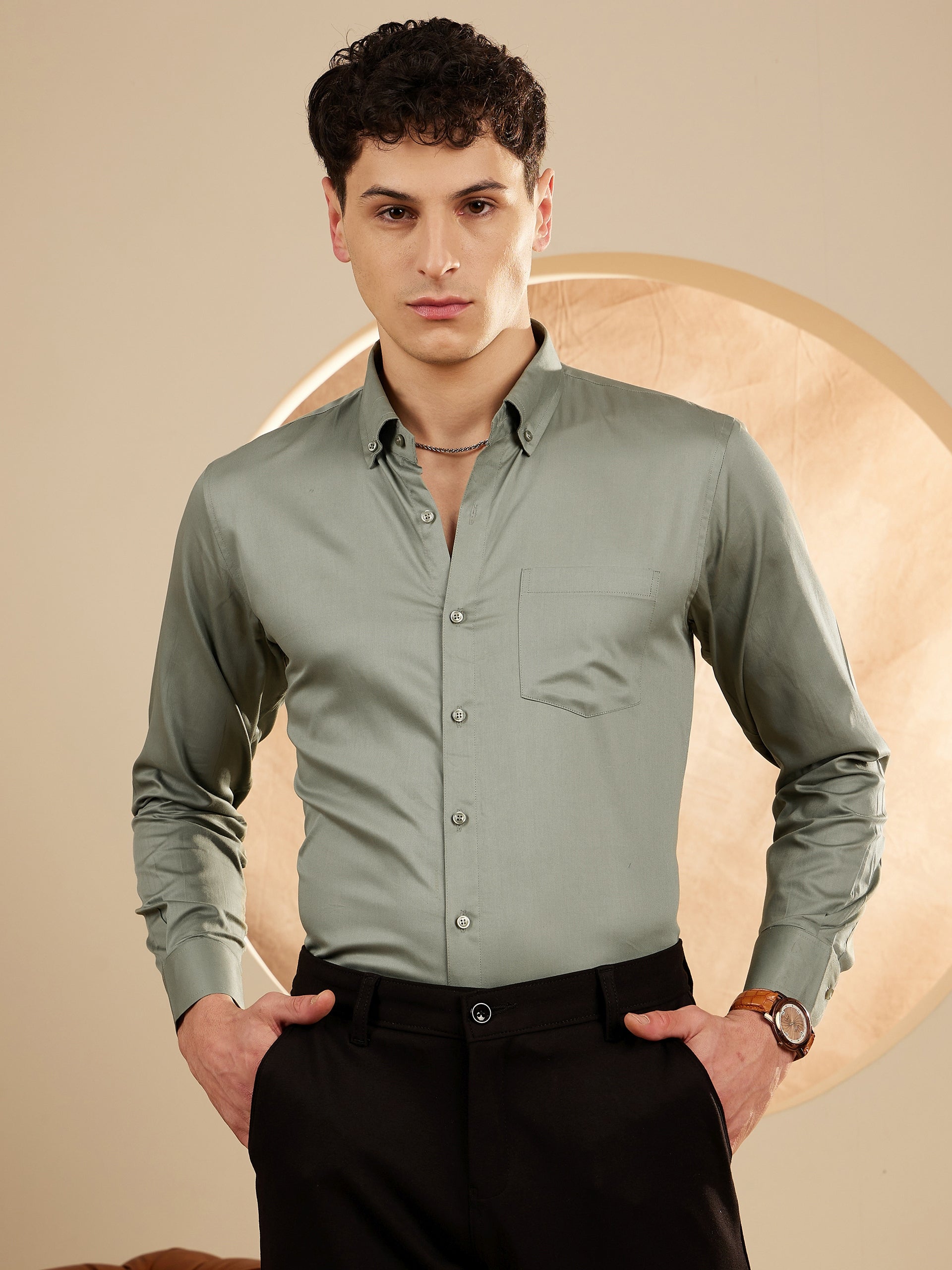 Men Olive Green Smart Slim Fit Opaque Formal Shirt – Dennison