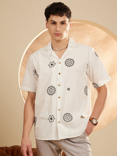 White: Half Sleeves Embroidery Casual Shirt