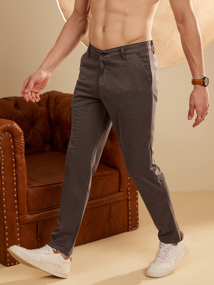 DENNISON Men Textured Brown 4-Way Lycra Trouser