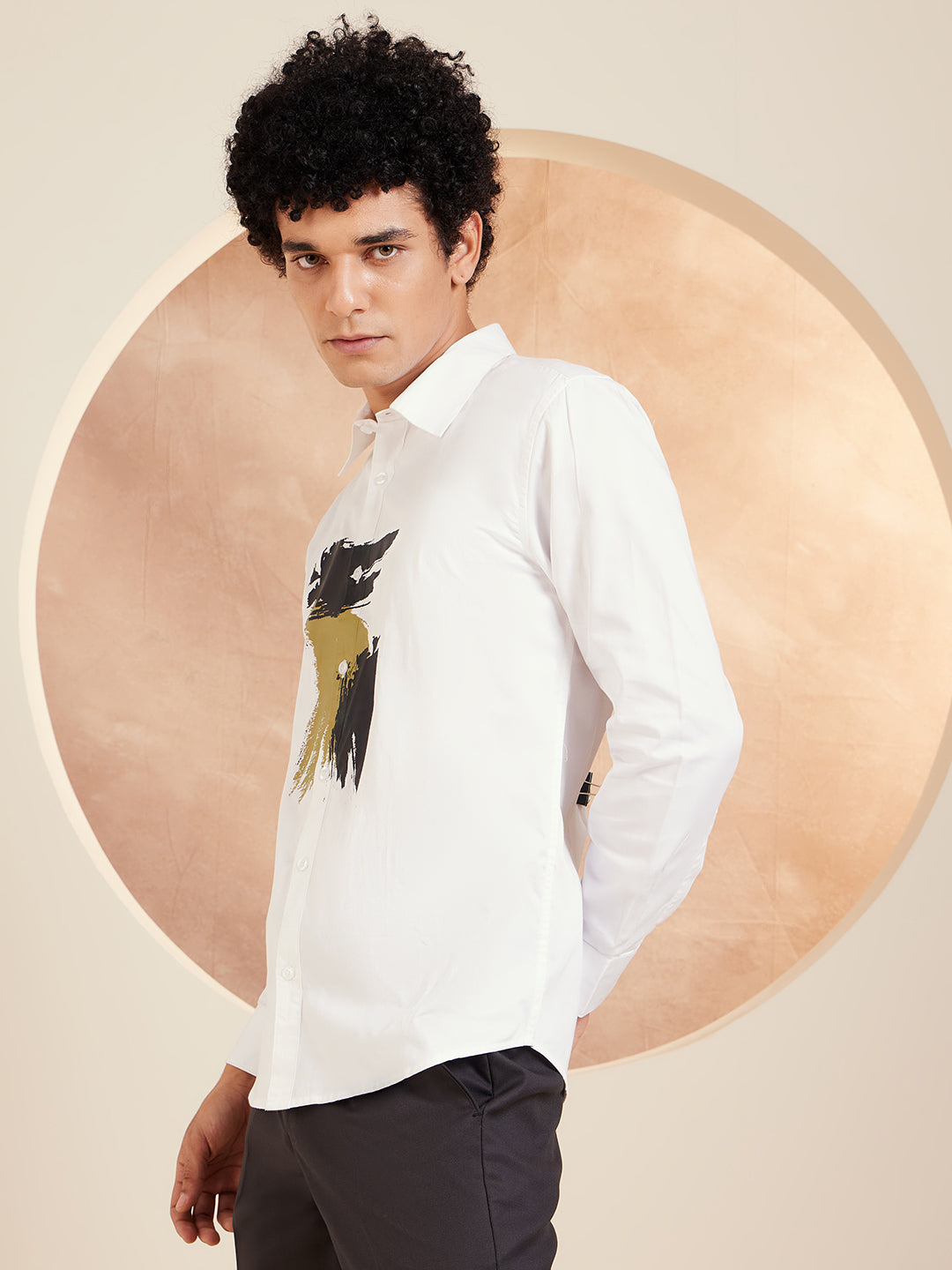 DENNISON Smart Abstract Printed Spread Collar Long Sleeve Cotton Shirt