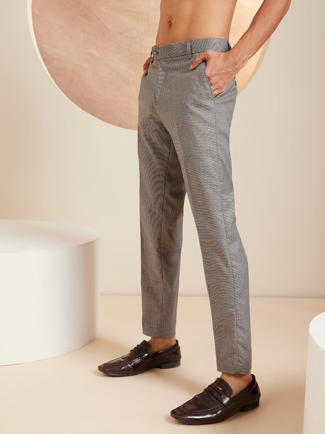 DENNISON Grey Men textured Smart Tapered Fit Easy Wash Formal