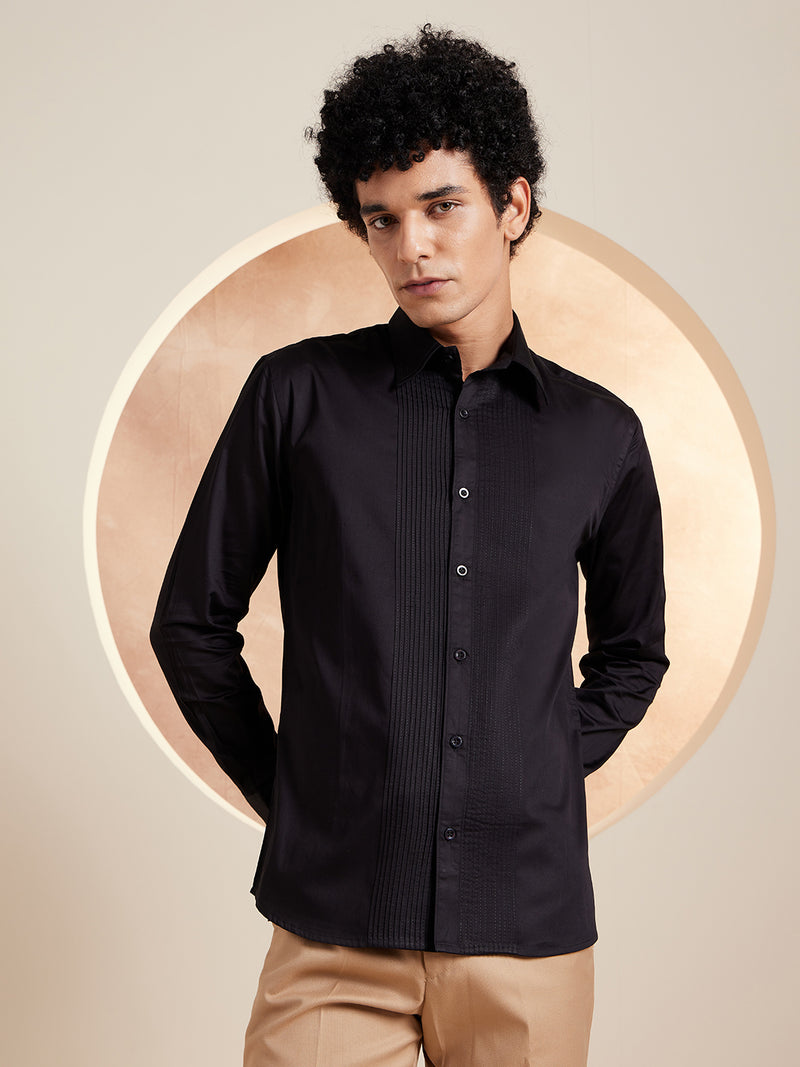Black: Full Sleeves Pin Tucks Cotton Casual Shirt