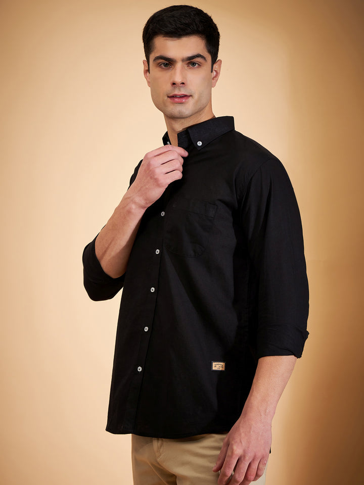 Men Black Smart Slim Fit Solid Twill Weave Cotton Linen Casual Shirt