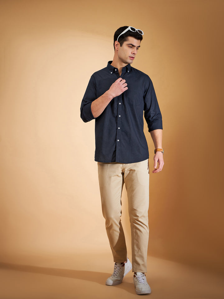 Men Navy Blue Twill Weave Smart Slim Fit Solid Cotton Linen Casual Shirt