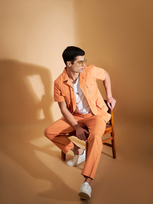 DENNISON Men Orange Coord Set | Solid Shirt With Straight Fit Pant